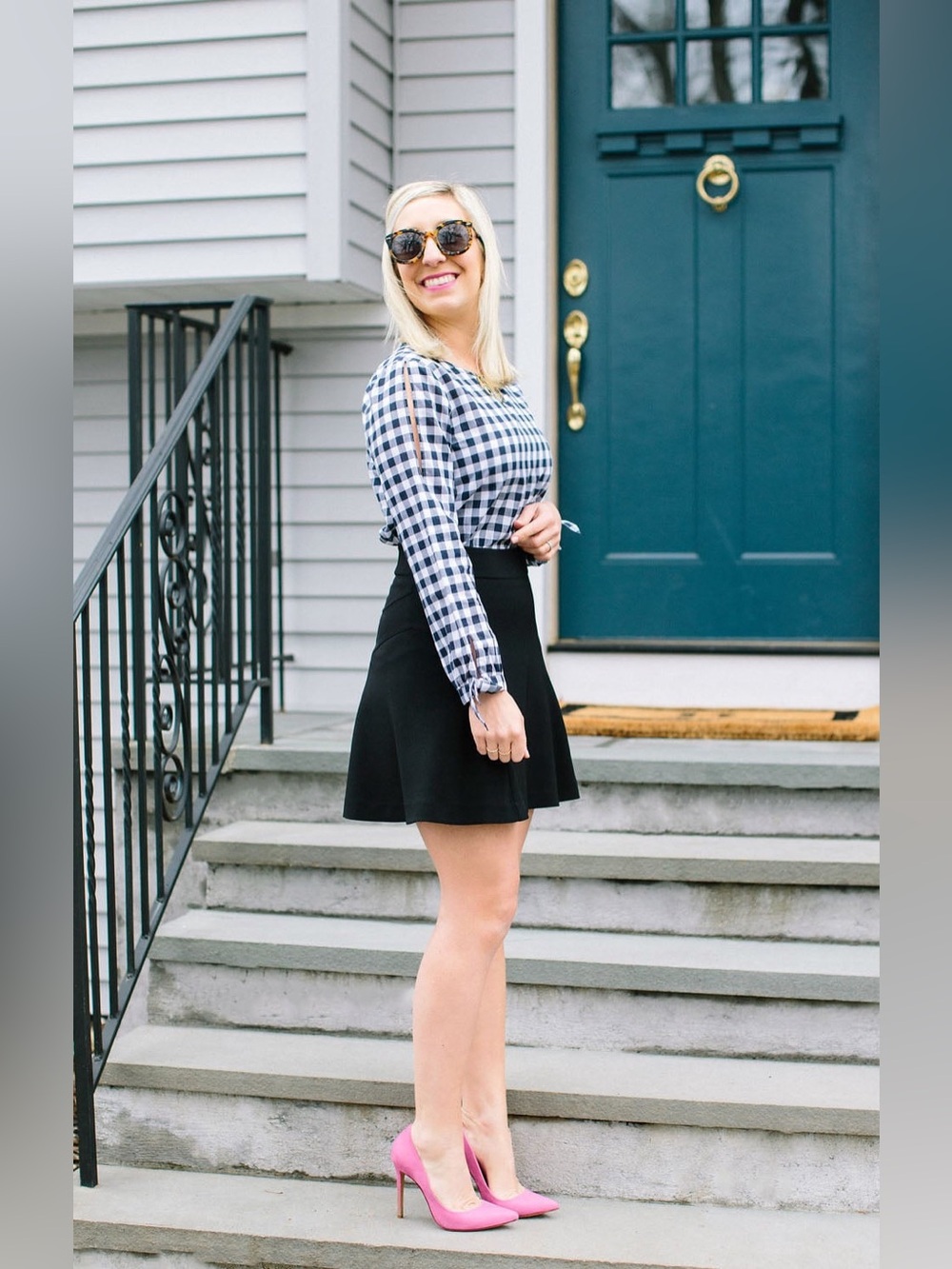 J. Crew Navy and White Gingham Lightweight Cold Shoulder Top - Picture 9 of 9